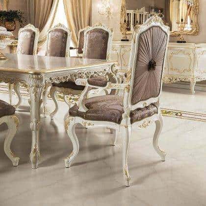 Luxurious dining chairs with rich gold details and soft fabric upholstery, adding timeless elegance to any room.