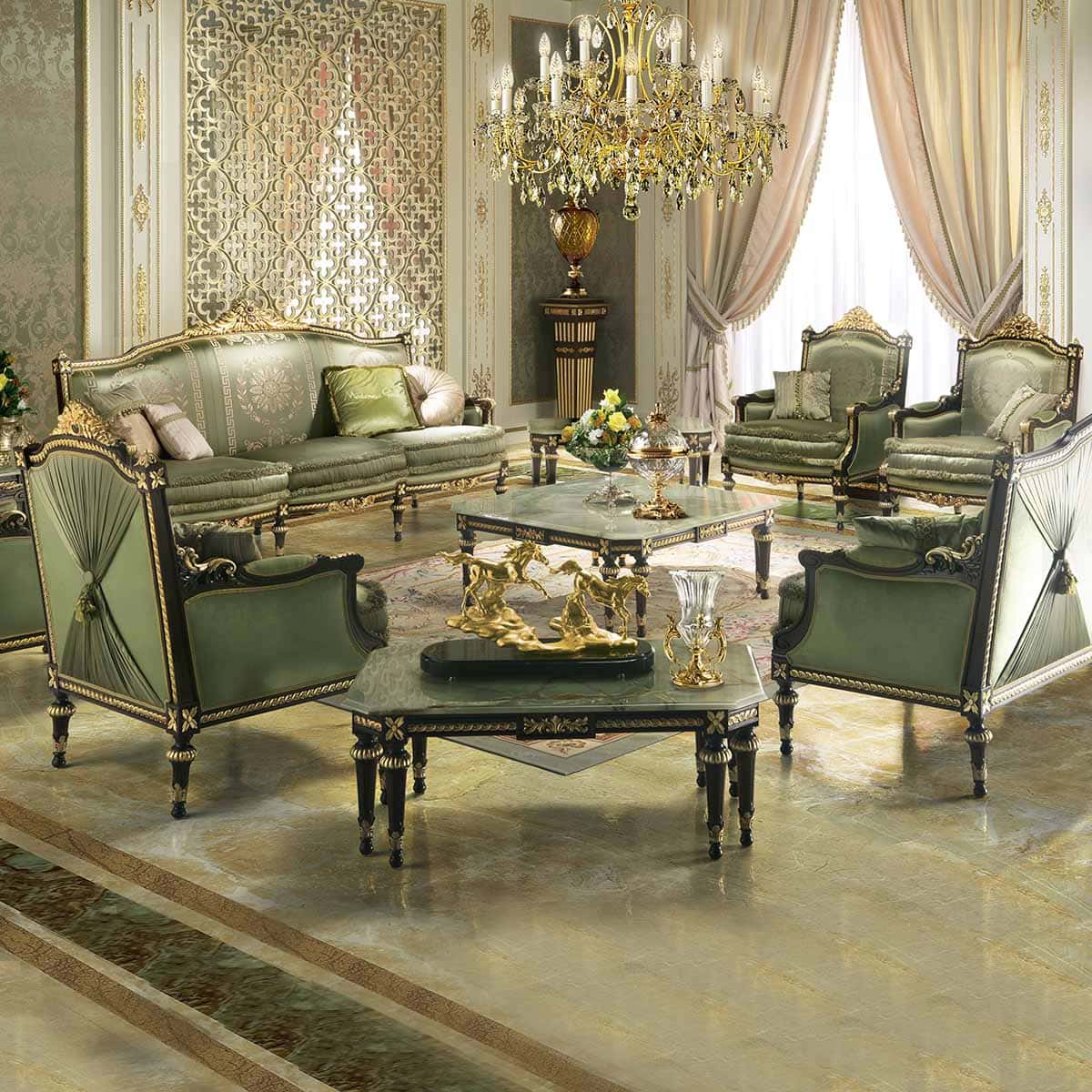 6 Classic Luxury Empire Sitting Room Elegant Golden Leaf Details Solid Wood Italian Handmade Furniture 