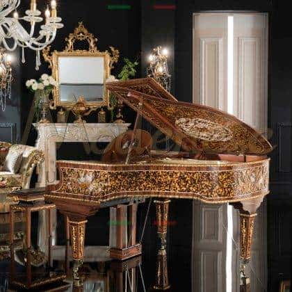 luxury high-end handcrafted top quality artisanal interiors production italian funiture classic top inlays piano grand piano with handmade refined carved leg in gold details solid wood unique bespoke exlusive finishes timless classy royal villa, high-end quality materials handcrafted home furnishing projects
