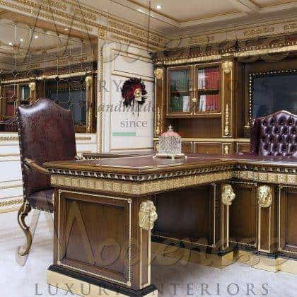 made in Italy solid wood interiors refined quality office furniture classy majestic writing desk handmade carved details top real leather desk high-end custom-made libraries bespoke wood panels and boiserie for classic luxury handcrafted private and public exclusive office projects presidential furniture