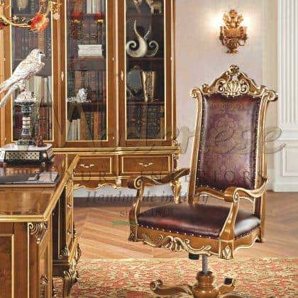 premium quality classy office furniture handmade carved office armchairs high-end presidential swivel armchair custom-made bespoke wood patterned upholstered armchair deisgn style golden leaf details production royal office furniture collection