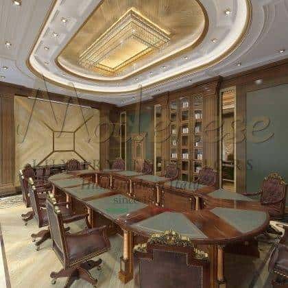 bespoke unique exclusive meeting room project custom-made coference table carved ornamental elegant golden details for royal palace office furnishing projects solid wood handcrafted italian interiors best quality furniture traditional baroque venetian luxury style exclusive presidential office customized project