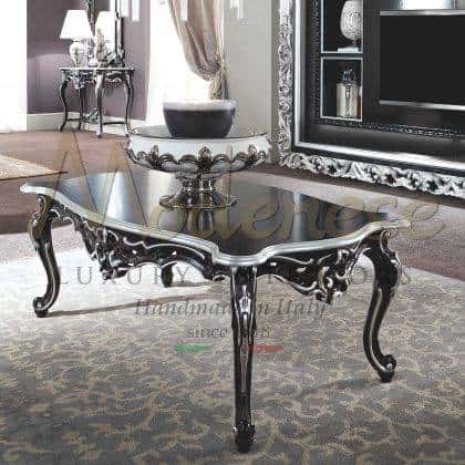 majestic classy exclusive made in italy solid wood materials black coffee table luxury details furniture customization venetian handmade interiors top wooden with silver leaf details finish italian palace royal villa furniture venetian unique made in italy manufacturing