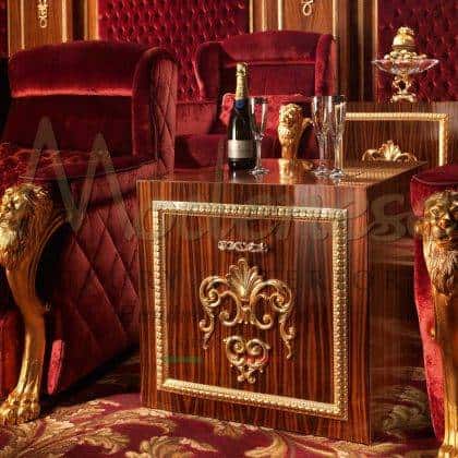 refined majestic venetian luxury home cinema theater area classy handmade carved décor with golden leaf refined fridge table bar ideas high-end baroque venetian style exclusive furniture top quality artisanal interiors production majestic home cinema area premium capitonné wall handmade custom-made top décor bespoke solid wood exclusive italian furniture manufacturing