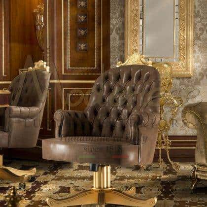 tasteful swivel office armchair classy elegant solid wood handcrafted royal presidential armchairs handmade solid wood made in Italy golden details and leaf finish comfortable swivel armchairs private public luxurious office furniture