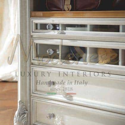 luxury exclusive dressing room handcrafted furniture handmade baroque traditional venetian solid wood ivory wardrobes with exclusive drawers version handmade swarovski handls ornamental top decorations refined silver details finishes elegant exclusive design ideas premium quality solid wood