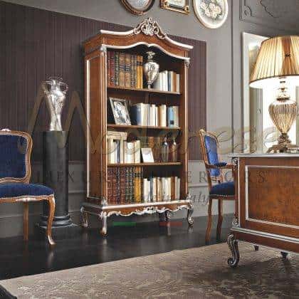 tasteful custom made solid wood bookcase refined silver leaf details finish elegant detail bespoke refined book case office projects furniture collection luxury italian artisanal handmade production traditional home furnishing high-end quality made in Italy fabric