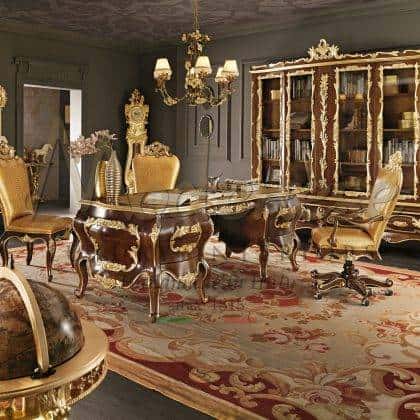 made in Italy artisanal manufacturing bespoke office projects decorative solid wood golden swivel armchair timeless traditional bespoke bookcase golden leaf details finish venetian rococo' luxury classic custom-made libraries for handcrafted unique made in italy style