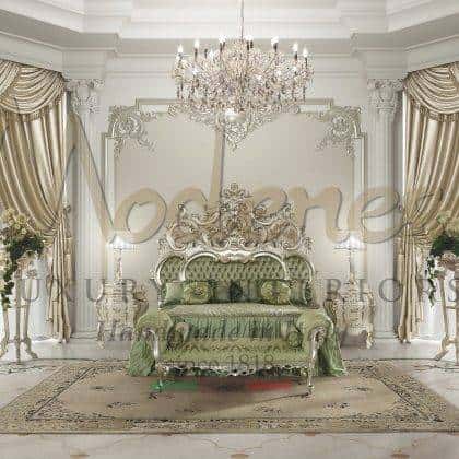 elegant classic furniture luxury italian majestic master bedroom traditional baroque style bed structure handmade carved solid wood furniture Swarovski decorative elements timeless venetian style silver leaf luxury finish royal palace master bedroom suite elegant ornamental columns vase stands in silver leaf finish handmade decorated classic night tables classy carved bed bench