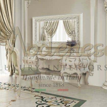elegant luxury ivory patinated make up table royal luxury empire italian furniture silver leaf finish details classical master baroque carved mirror refined silver details craftsmanship exclusive interior design italian villa royal decorations traditional baroque style furniture timeless venetian royal palace chair solid wood furniture made in Italy