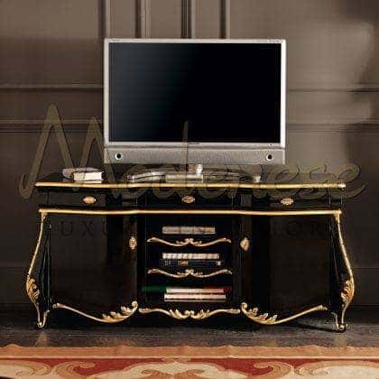 baroque style special black design tv unit details handcrafted classic luxurious furniture refined best quality golden leaf handcrafted artisanal tv stand high-end made in Italy custom-made furniture elegant details majestic best quality solid wood interiors top decorative interiors royal decorations for majestic home décor traditional handmade exclusive design