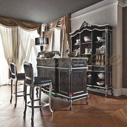 tasteful custom made solid wood carviings black counter bar finish refined top wooden counter refined silver leaf detais finish bespoke refined furniture collection luxury italian artisanal handmade production traditional home furnishing high-end quality opulent design royal villa made in Italy fabrics