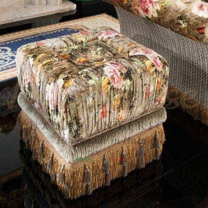 high-end empire luxury upholstred pouffe collection patterned furniture best materials quality made in italy craftsmanship custom-made home decorated furnishing projects premium classic style structure, elegant bed solid wood bench, graceful refined majestic royal luxury top italian artisanal furnishings
