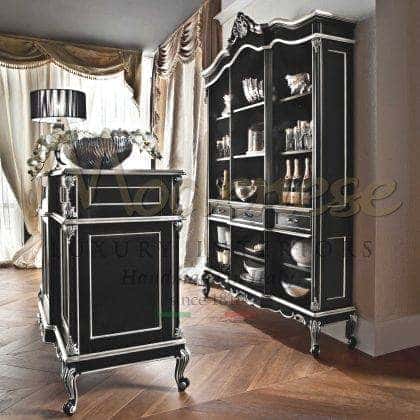 tasteful custom made solid wood black counter bar refined silver leaf details finish elegant detail bespoke refined top wooden furniture collection luxury italian artisanal handmade production traditional home furnishing high-end quality made in Italy fabrics