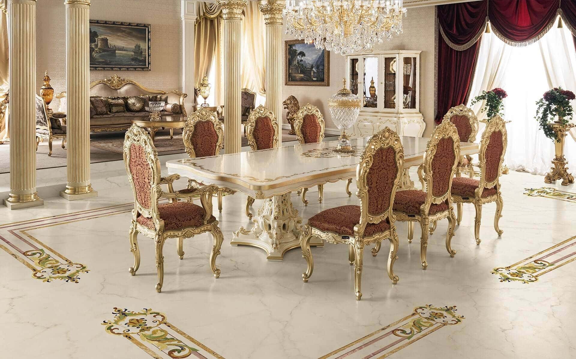 Luxury classic Italian furniture bespoke dining table handmade solid wood craftsmanship best quality materials high-end details; venetian style dining set handmade carved chairs and solid wood lacquered dining table with personalized golden leaf paintings and decorations. Made in Italy fabric selection, best quality classic Italian furniture.