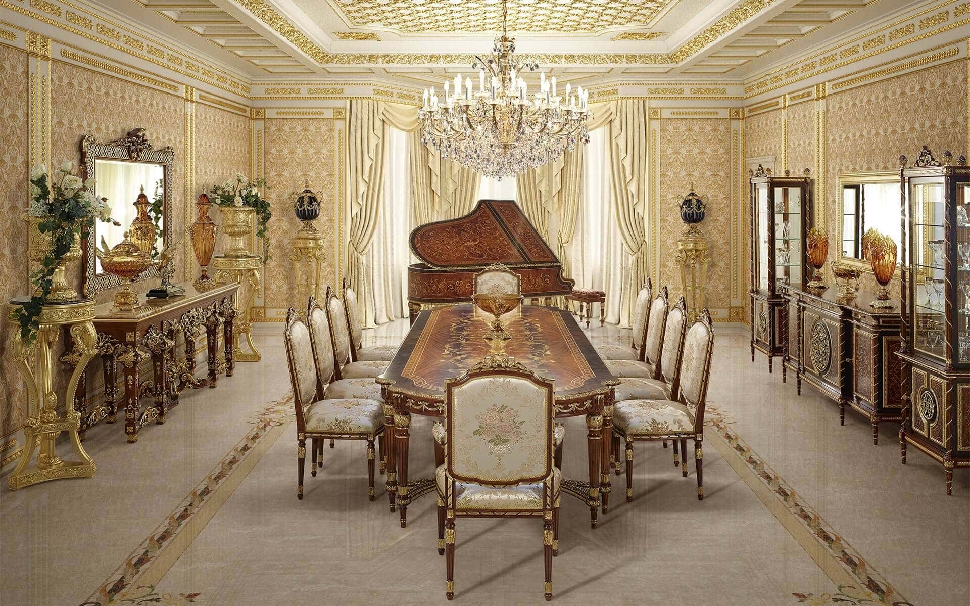 meubles classiques haut de gamme de qualité précieuse fabriqués en Italie de style empire: table à manger élégante, chaises et fauteuils majestueux, vitrines et buffet sur mesure. Piano de luxe 