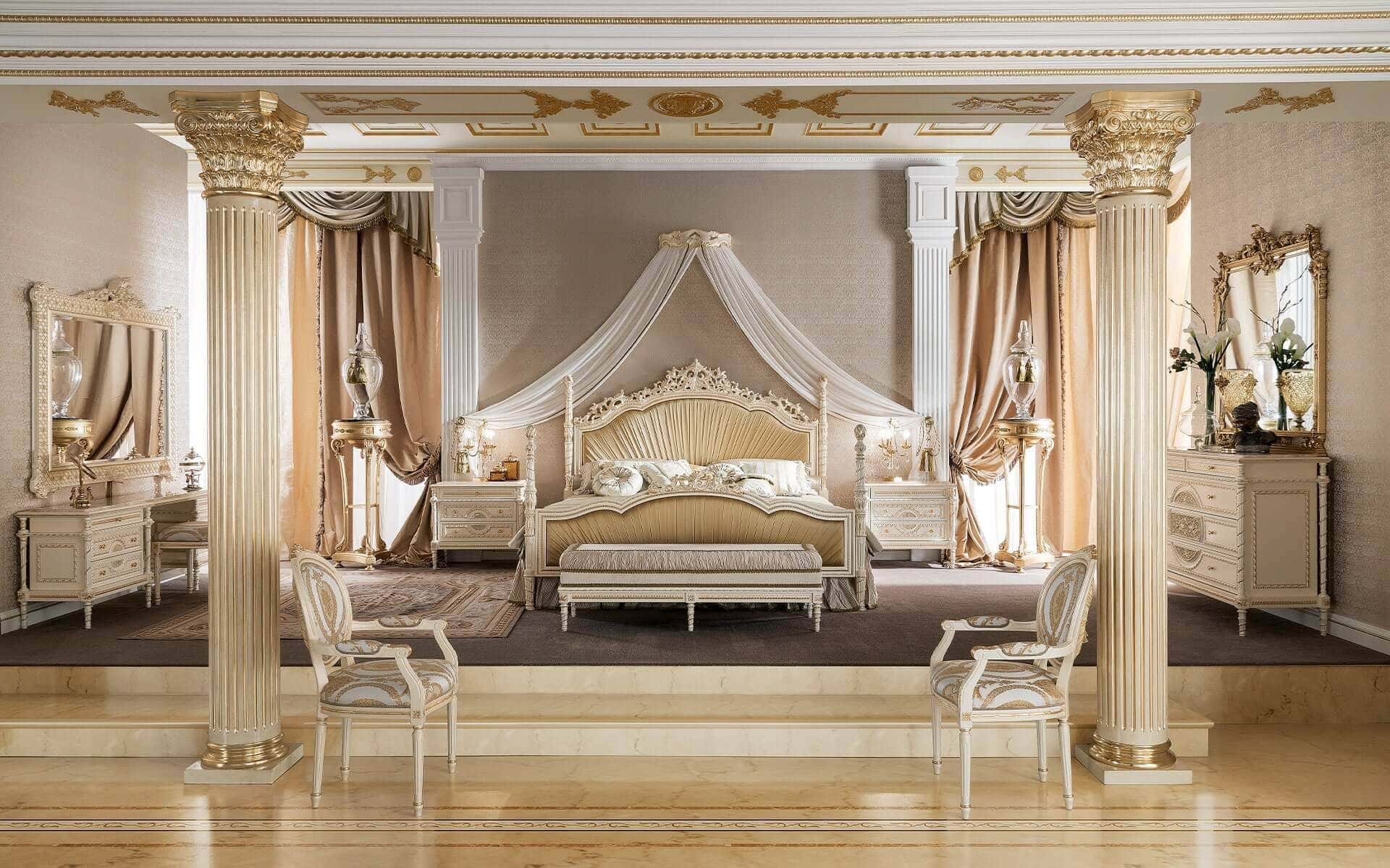 Спальные комнаты в роскошном итальянском стиле барокко классике венецианский стиль. Элитные спальни на заказ королевские кровати с балдахином классический стиль спальни эксклюзивная итальянская мебель на заказ дизайн интерьера королевской спали