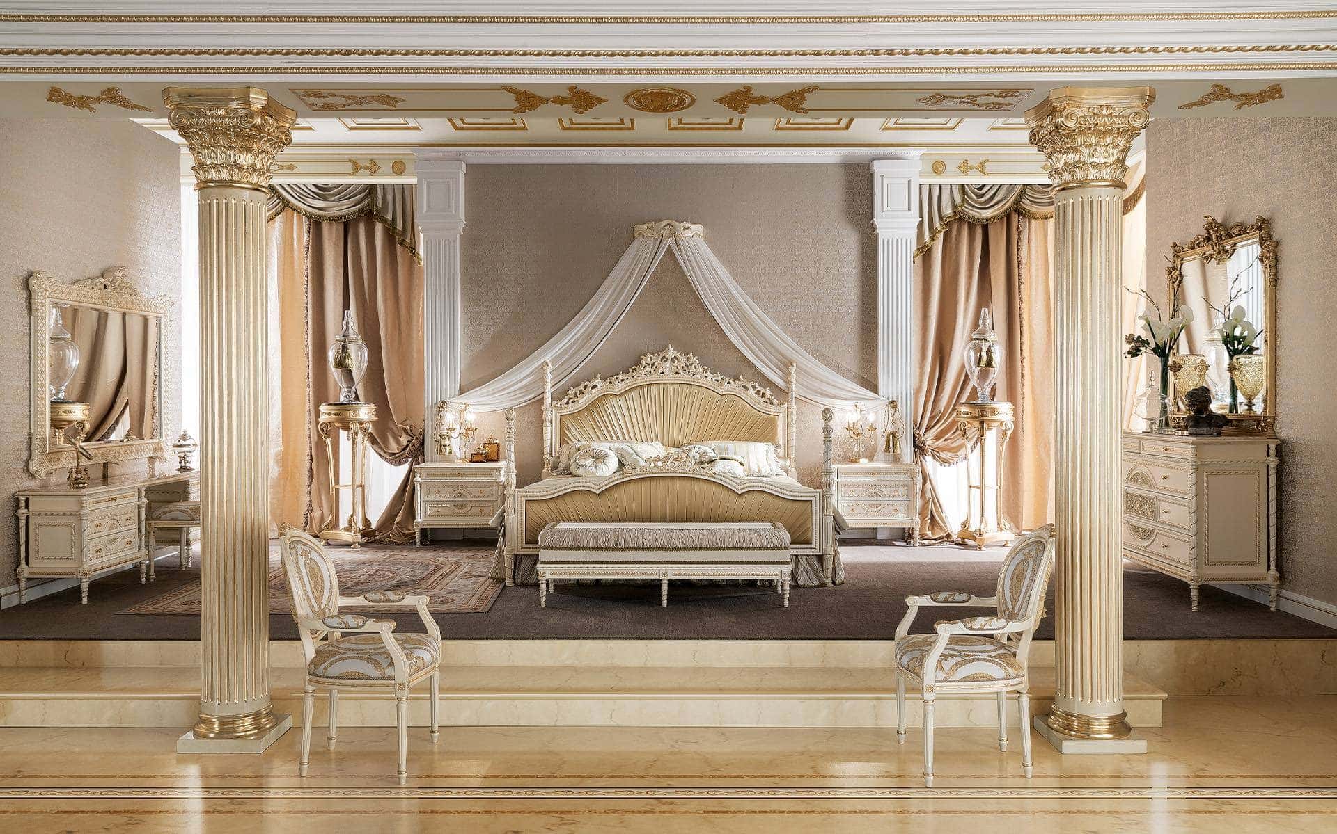 优雅帝国风格的精致主卧室，意大利最佳设计和家具制造。优雅的手工细节、珠光象牙饰面、经典定制家具，只为打造最精致的宫殿、别墅和酒店卧室。实木手工内饰，意大利制造的高端顶级品质。传统的维多利亚威尼斯洛可可经典风格：最佳经典家具创意。