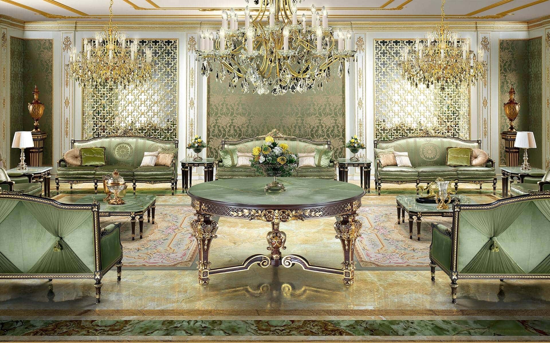 High-end quality and made in Italy solid wood classic luxury furniture manufacturing: handmade double-sided carved sofas and armchairs, elegant coffee tables with green onyx top for the most royal palaces living rooms and majlis proposals. The best ideas for empire style exclusive design and bespoke interiors. Selected green fabric majlis with the most sophisticated ornamental details and materials. Handmade golden leaf application. High-end quality made in Italy furniture craftsmanship.