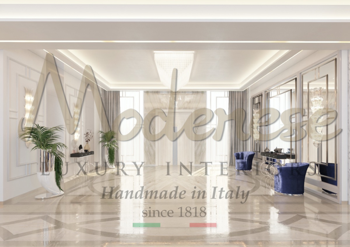 Premium quality, high-end materials, furniture made in Italy, bespoke interiors for the most beautiful and elegant private residential projects. Spacious main entrance timeless and unique design. Luxury Interior Design services in Dubai.