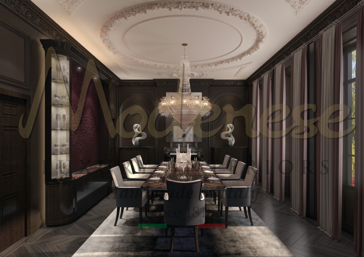 High-end quality, premium standards. Bespoke interior design project and artisanal furniture production. Refined classical majestic villa decorations. Luxurious dining room design ideas. Premium quality, high-end materials, made in Italy furniture production, bespoke interiors for the most elegant private dining room projects.