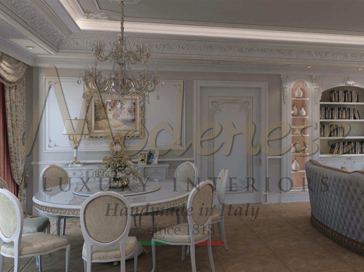 Meubles haut de gamme de qualité, style classique élégant, salle à manger de luxe. Projet de villa luxueuse au design classique unique et sophistiqué. Mobilier de salle à manger de luxe fabriqué en Italie avec les meilleurs standards de qualité.