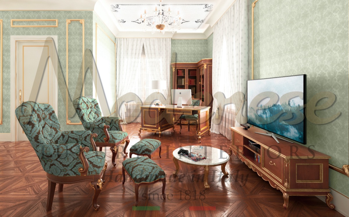 Bureau classique de luxe à domicile par Modenese Interiors. Service de design d'intérieur de premier ordre. Mobilier italien de haute qualité, design unique et intemporel.