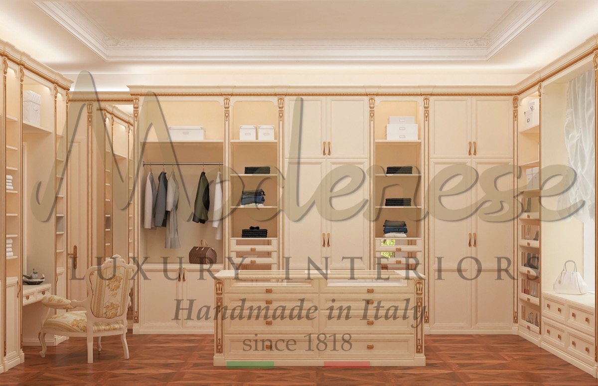 Best Joinery Service. Solid wood refined Dressing Room, classic style wardrobes and majestic walk-in-closets for Luxurious Villas and palaces. High-end unique and timeless premium quality Italian Furniture.