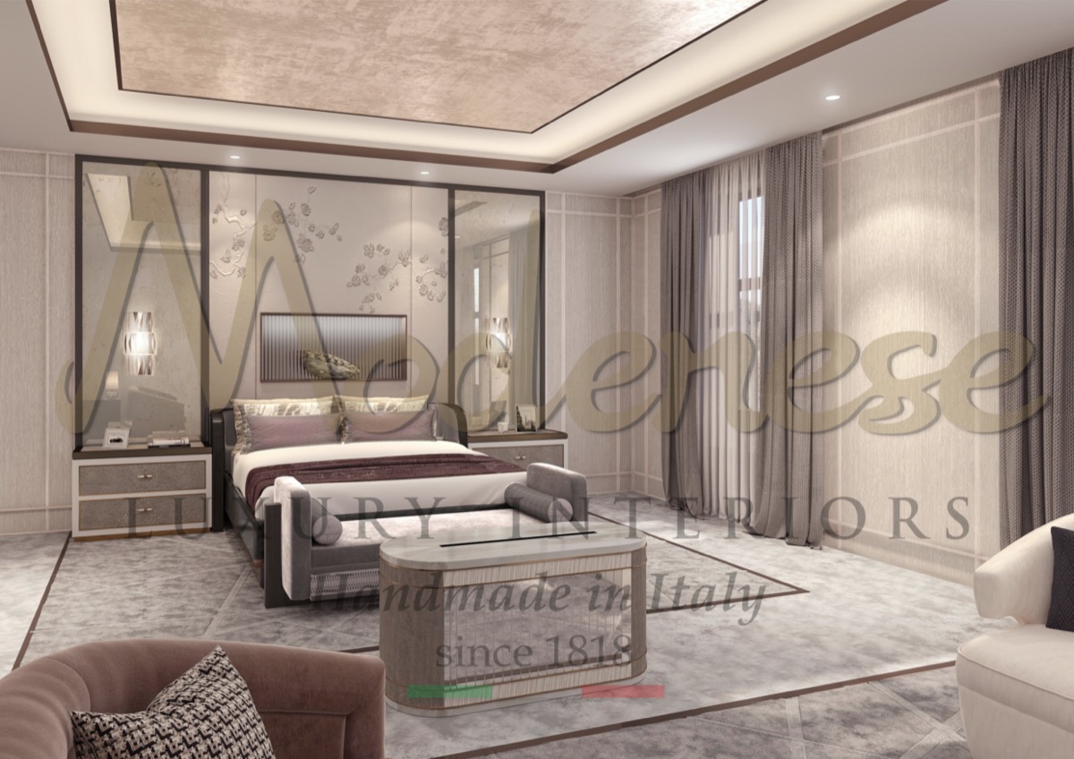 Sophisticated Italian design for modern luxurious bedroom solutions. High-end quality, bespoke bedroom interiors. Italian handmade interiors. Bespoke interior design project and artisanal handmade furniture production.