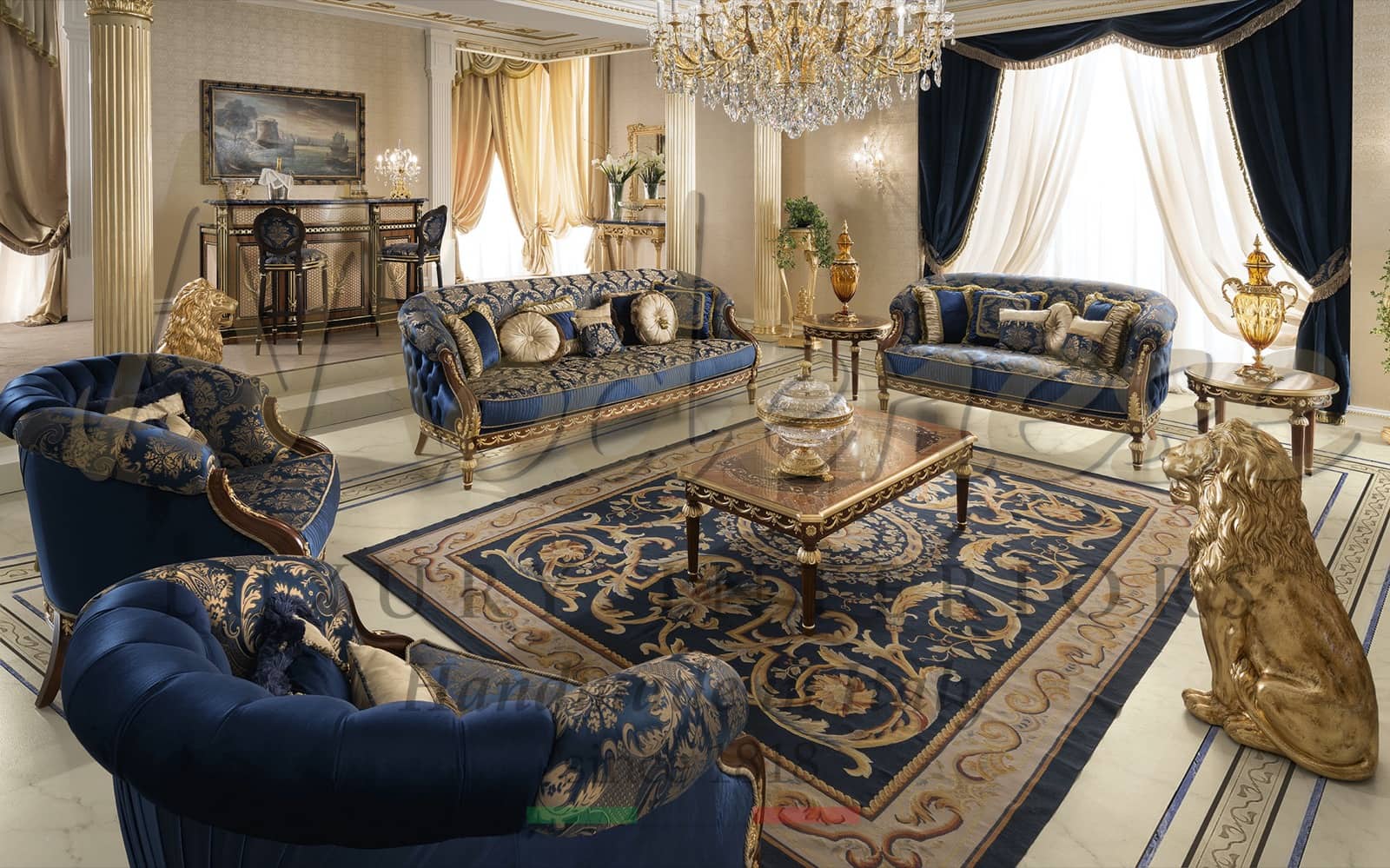 canapé de luxe majilis fait à la main sur mesure en Italie projets clés en main salon baroque italien traditionnel fabrication matériau en bois massif français élégant style unique villa d'empire
