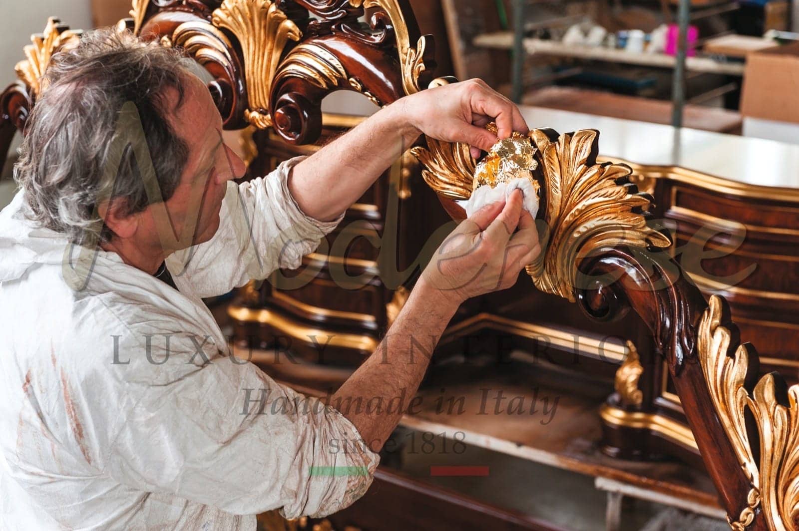 gold leaf application traditional furniture royal classic baroque Venetian style handmade decoration artisans craftsmanship Italian décor villa royal palace residential projects high end quality solid wood materials 24k golden carved solid wood oak walnut attention to details talented artisan best skills