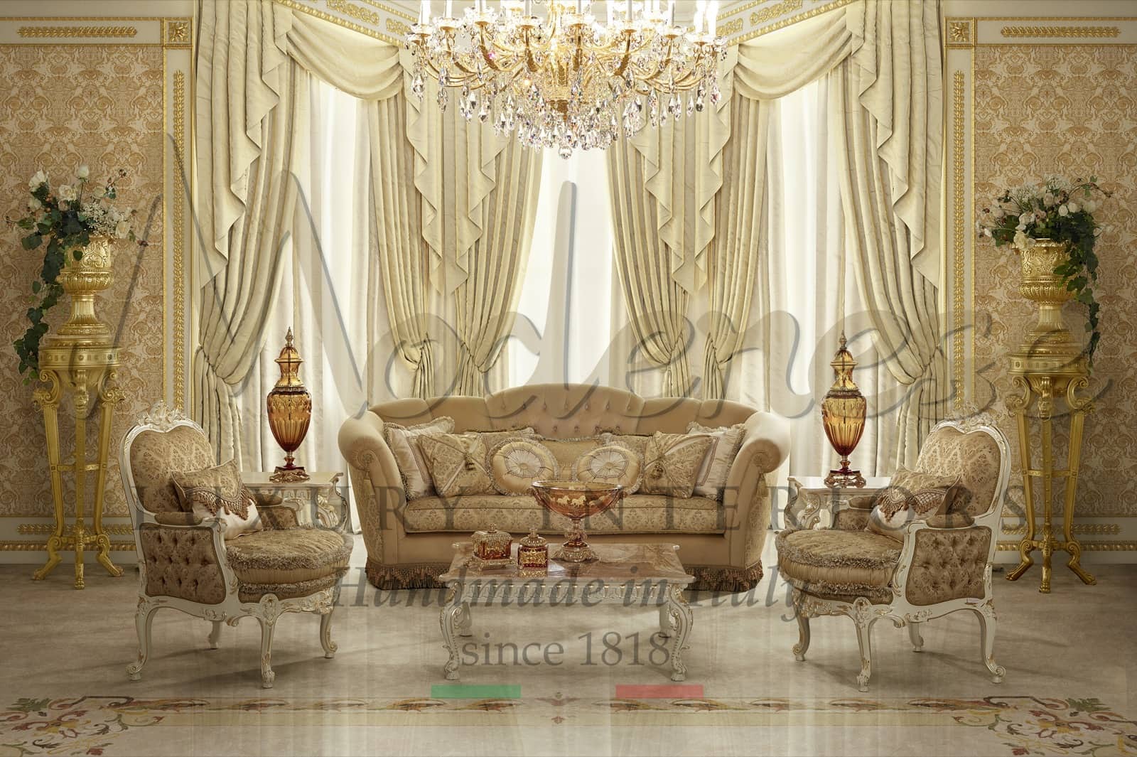 klasický luxusní nábytek do obývacího pokoje domácí dekorace barokní empírový lakovaný povrch zakázková výroba královská vila palác rezidenční projekty pohovka legantní styl křeslo závěsy nejlepší materiály látky nejvyšší kvalit