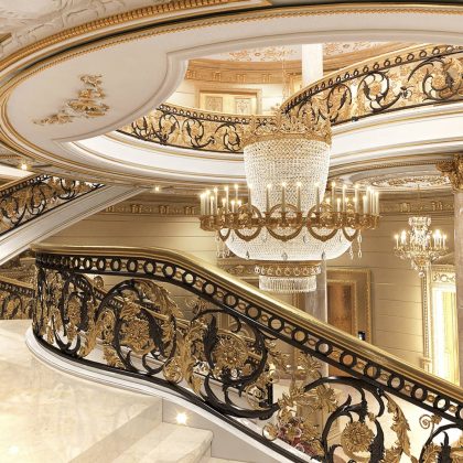 luxury interior decorations classical palace villa entrance majestic solutions royal design bespoke home décor custom made design railing Victorian wrought iron elegant stairs chandelier