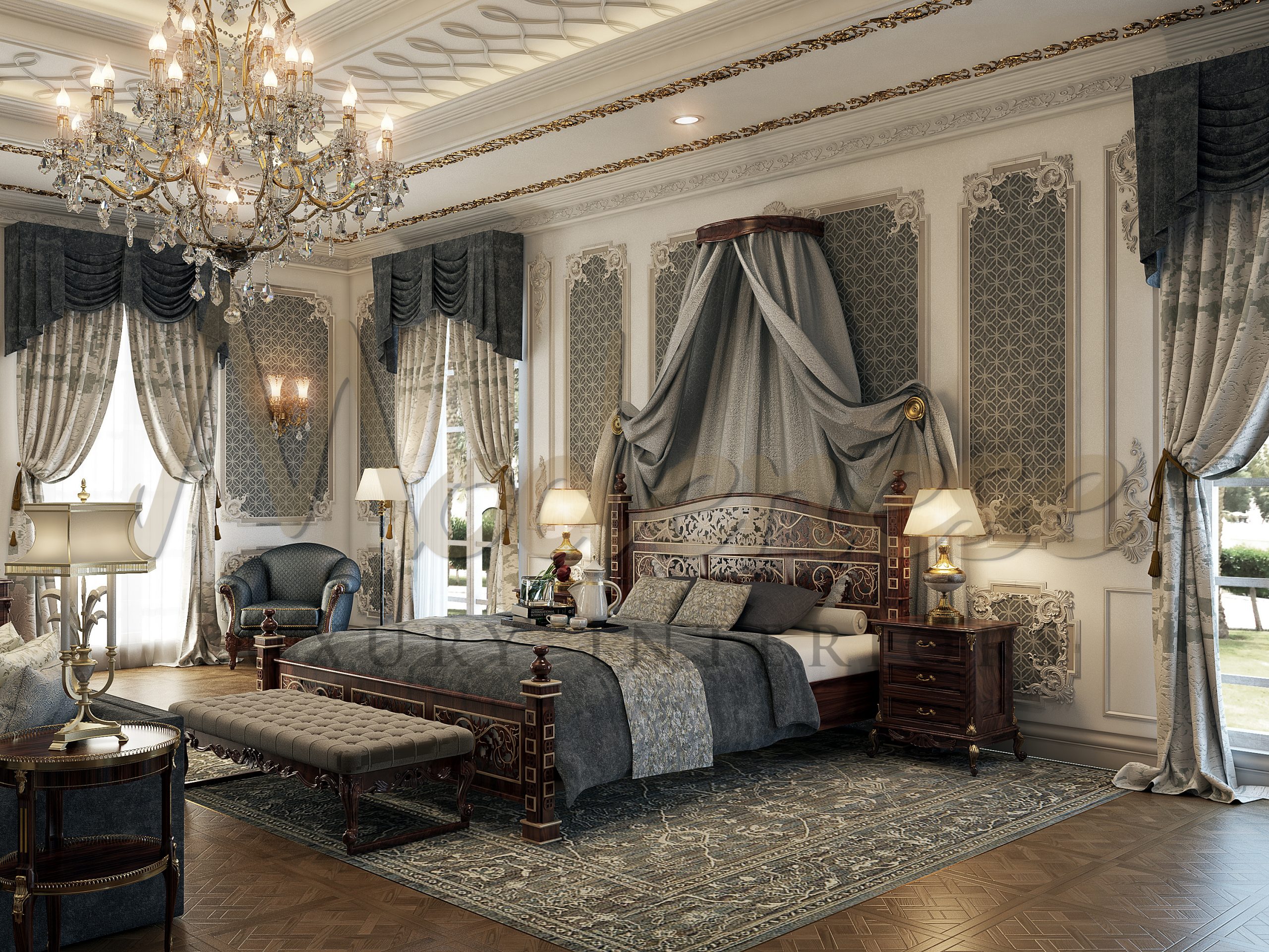 Elegant design of classic luxury bedroom, top luxury interiors, best furniture, made in Italy, furniture manufacturing. High-end quality,precious fabrics accurately selected.