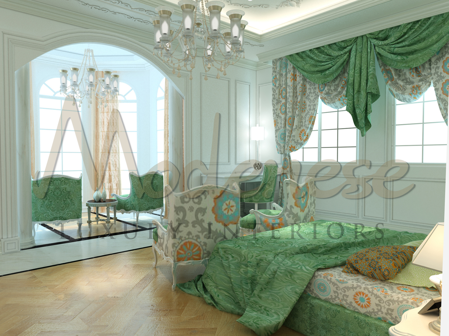 Chambres à coucher élégantes dans une palette de couleurs claires à Londres, Royaume-Uni