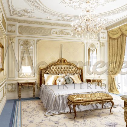 The elegant and luxurious classical bedroom showcases refined upholsteries, luxurious chandelier, and majestic canopy bed.