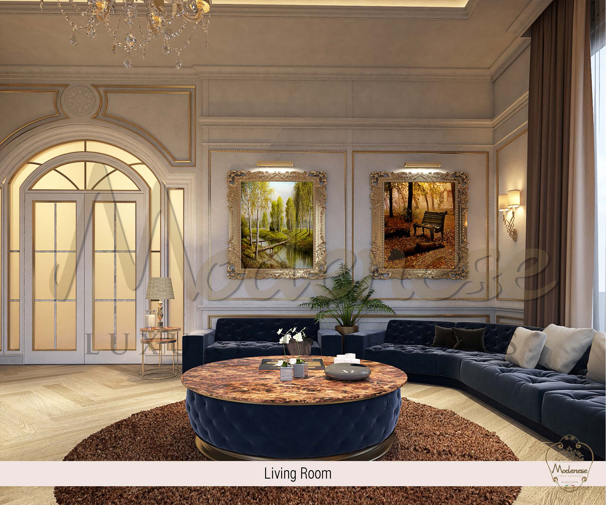 Elegant interiors, unique design for luxurious bespoke mansion. High-end materials and best quality furniture made in Italy