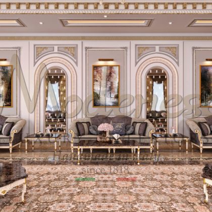 Elegant classic style of villa design in Riyadh, luxury dining table with custom-made design marble inlay.Top Interior Design Company in Riyadh. Best handmade furniture production.