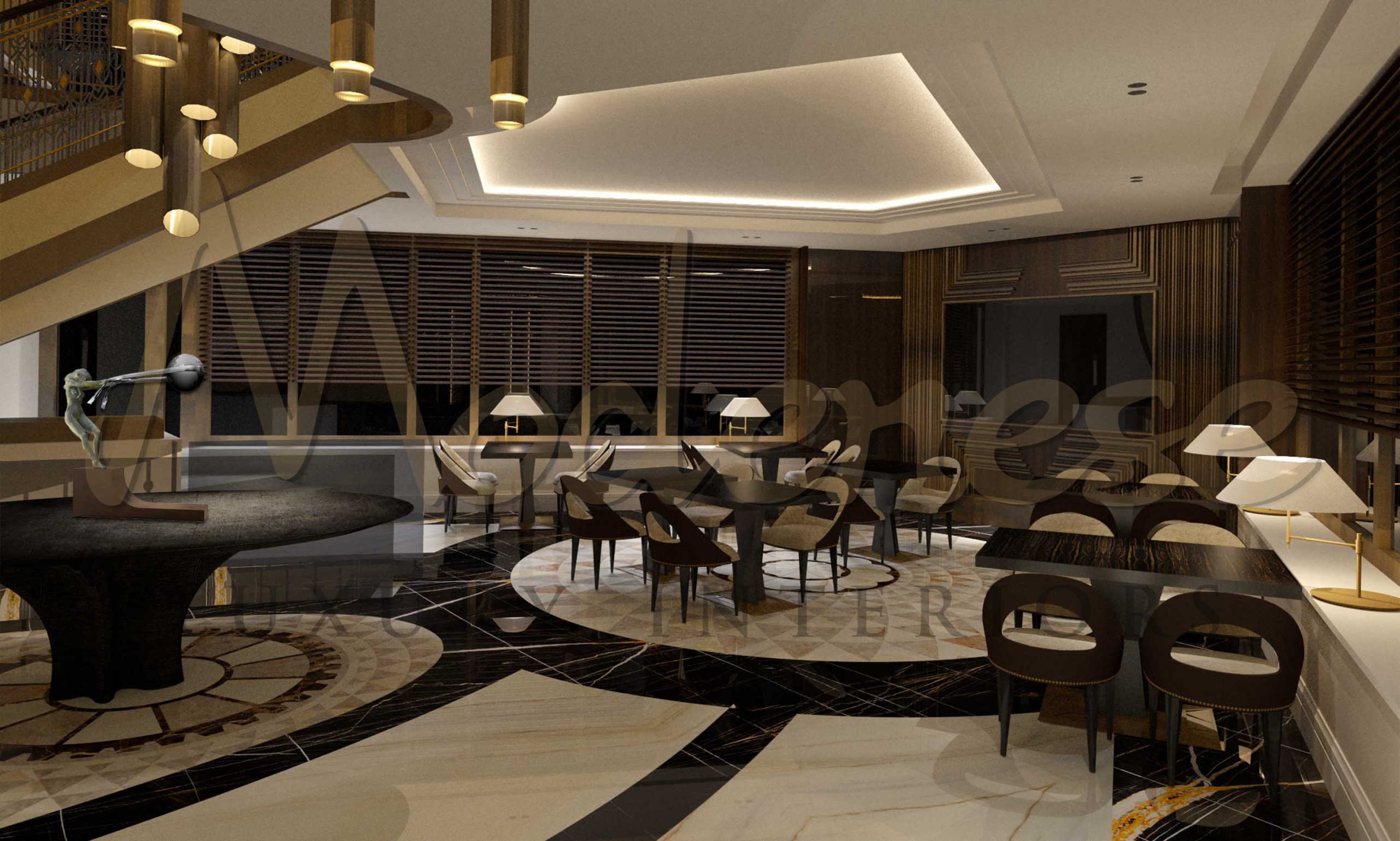 Elegant restaurant design, luxury interior design, Italian handmade furniture, top interior design company.