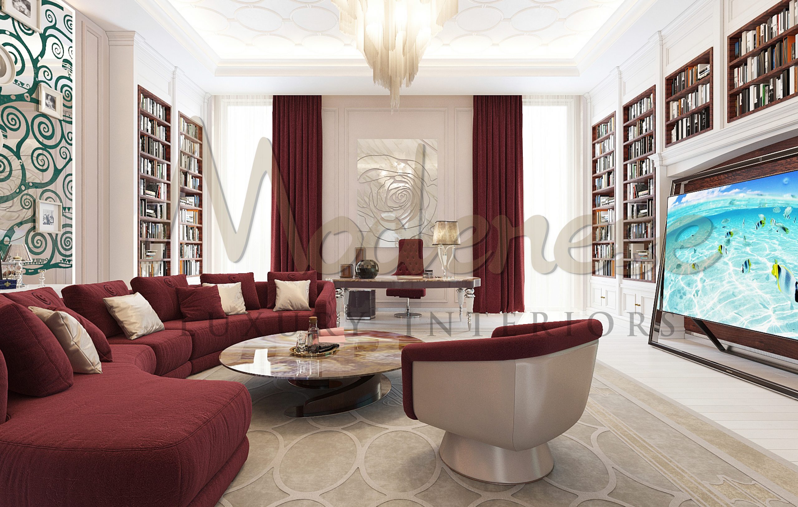 Luxury Modern Living Room Design. Exclusive Living Room Design For Luxurious Villa. Hand-made Furniture Made By Artisans From Italy