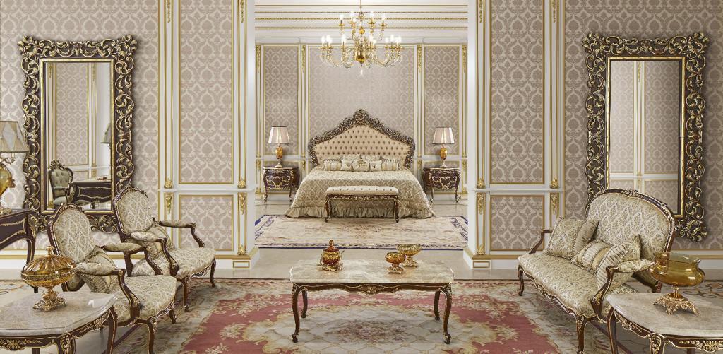 Customized furniture project, elegant handcrafted furniture. Classy beige bedroom with Italian unique and exclusive design. Exclusive furniture manufacturing in Italy